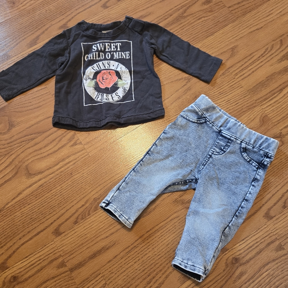 H&M Black Guns N' Roses Baby Tee Shirt Faux Acid Wash Jean Leggings Cotton 2-4M